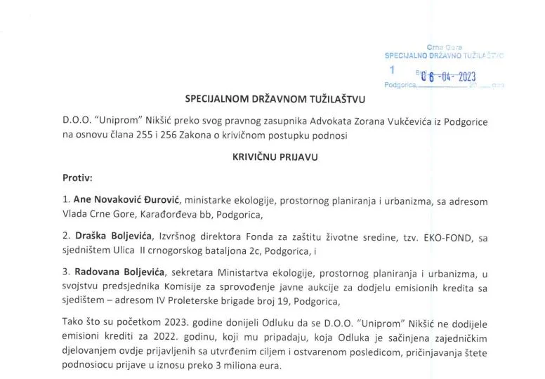 Uniprom podnio Krivičnu prijavu Specijalnom državnom tužilaštvu protiv Ane Novaković Đurović, Draška Boljevića i Radovana Boljevića