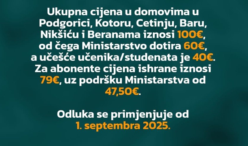 Ministarstvo utvrdilo cijene smještaja i ishrane u domovima učenika i studenata