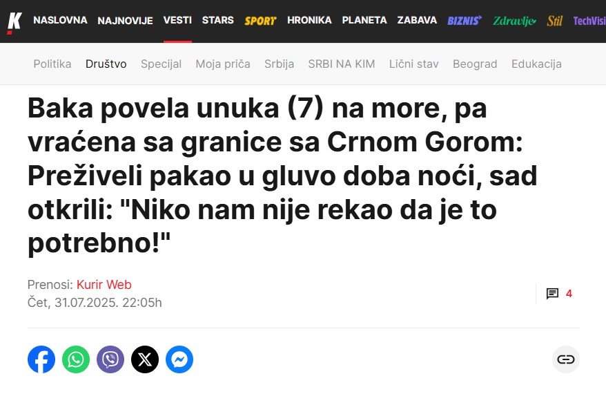 Srpski tabloidi: Baka i unuk  prošli pakao na ulasku u CG; Baka nije znala da joj trebaju dokumenta za ulazak u drugu zemlju