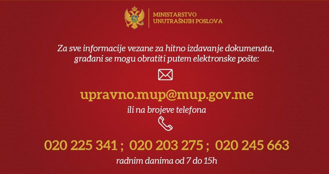 MUP: Za hitno izdavanje dokumenata građani da se obrate telefonom ili elektronskom poštom