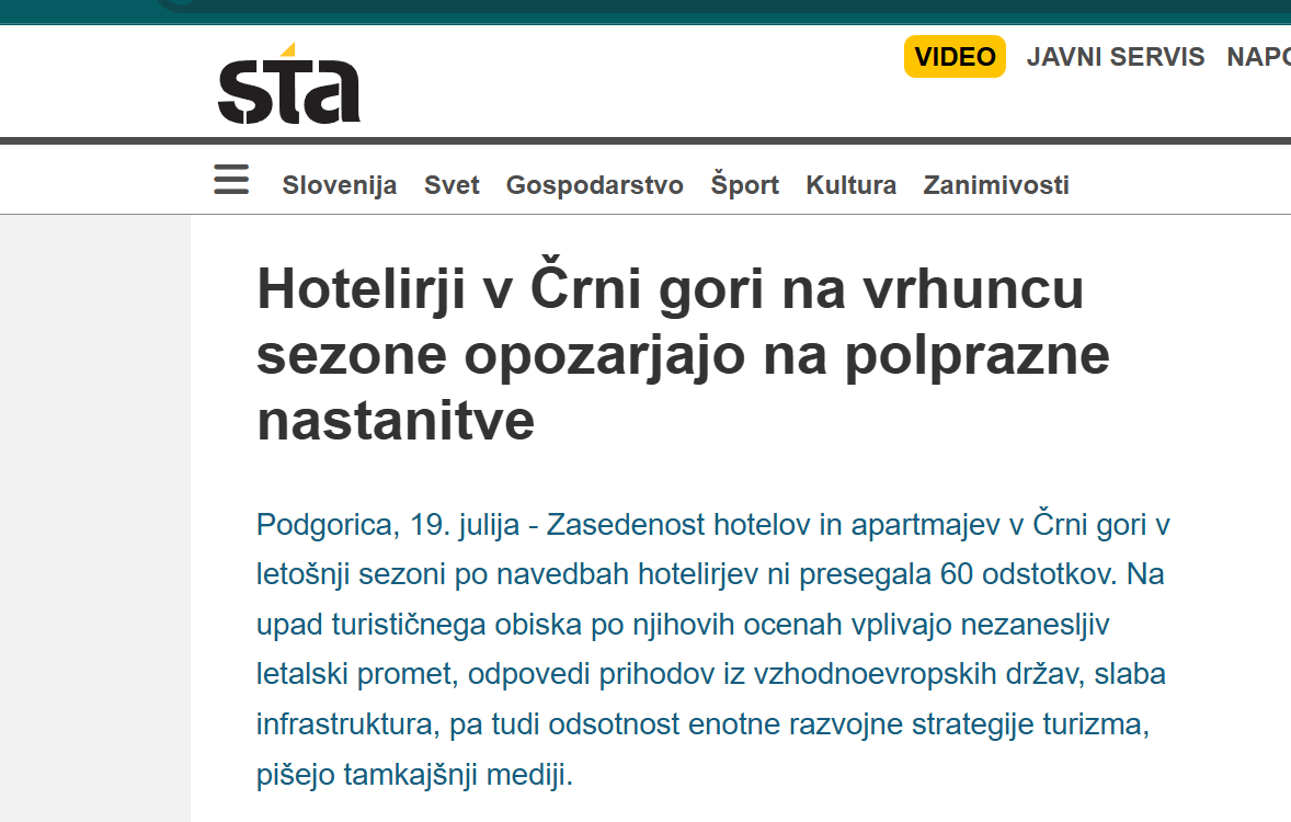 O padu turističkog prometa u Crnoj Gori izvještavaju i slovenački mediji