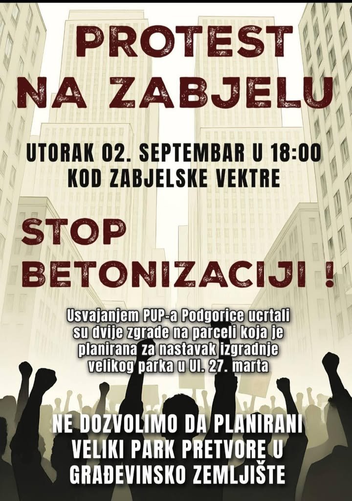 Protest na Zabjelu zbog stambenih objekata umjesto obećanog parka