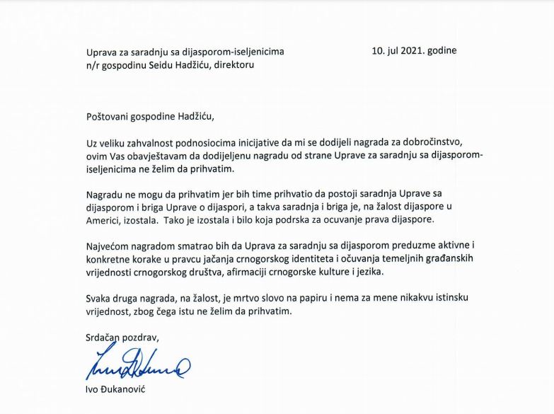 Ivo Đukanović odbio nagradu Uprave za dijasporu